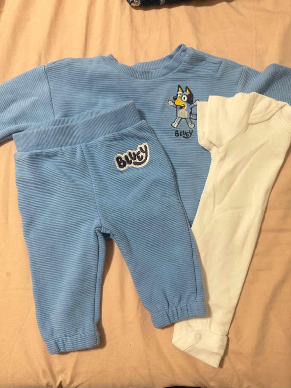 Blue Ribbed Baby Set with White Bodysuit - 'Bluey' Patch 3 pc set